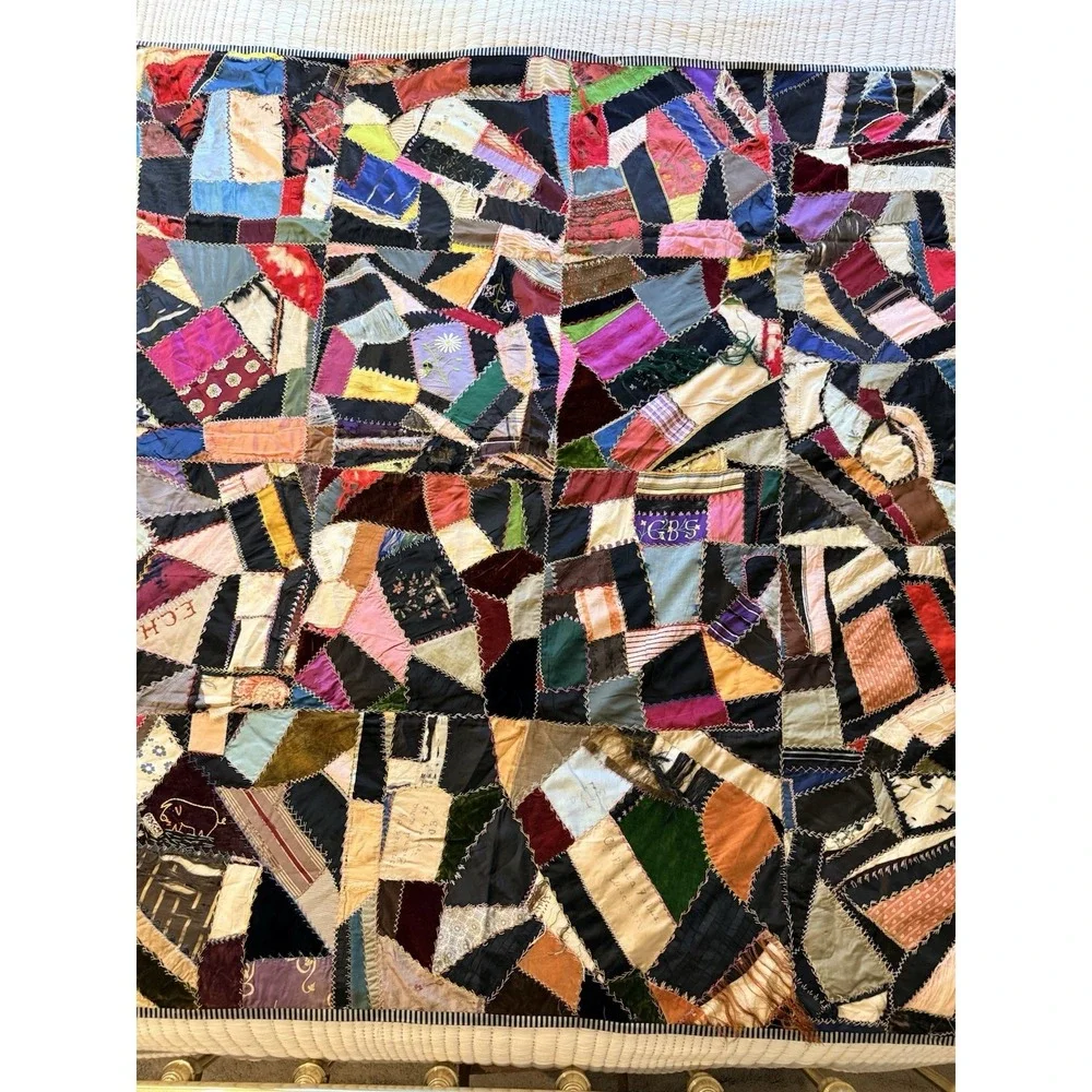 Antique Victorian Crazy Quilt 1903 Vintage Abstract Design Patchwork Quilt *tear